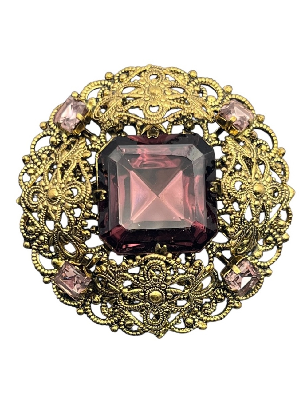 Gold tone filigree purple square stone vintage brooch pin
